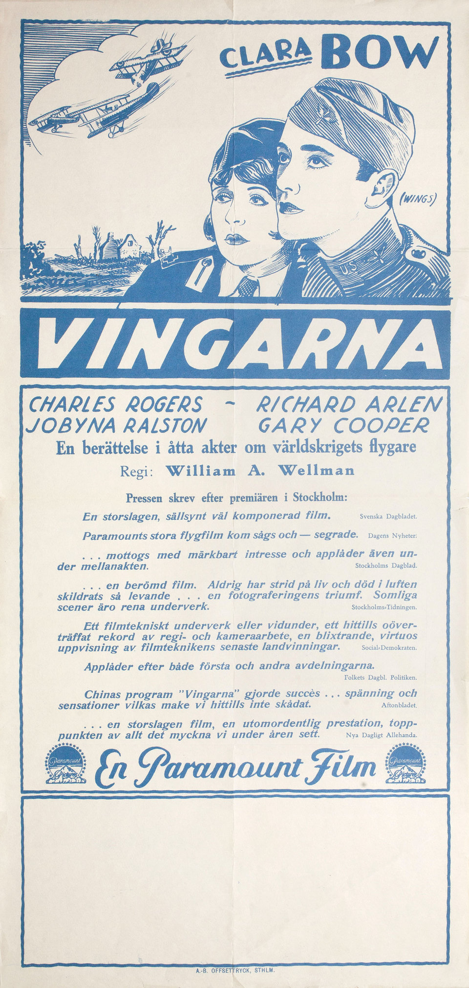 Wings Original 1927 Swedish Stolpe Movie Poster