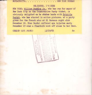 Brigitte Bardot / William F. Buckley Original 1965 U.S. Wire services photo Alternate Image