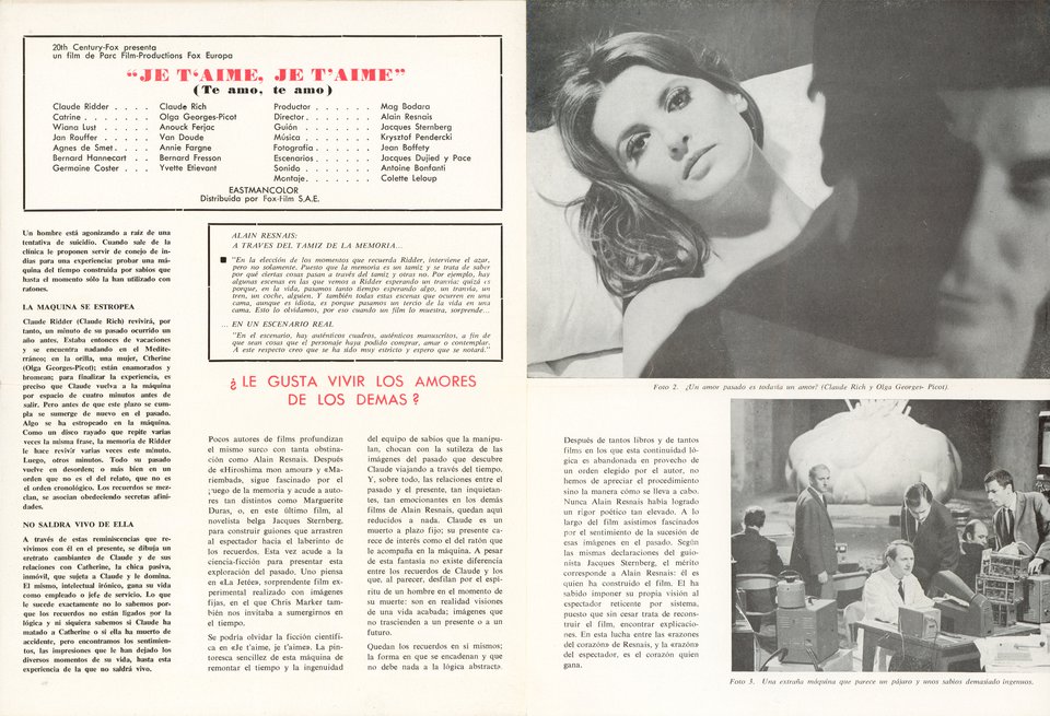 Je t'aime, je t'aime Original 1968 Spanish Movie Program - Posteritati ...