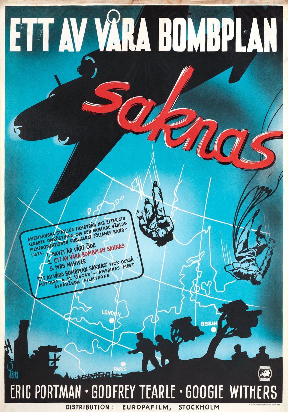 One of Our Aircraft Is Missing Original 1942 Swedish B1 Movie Poster