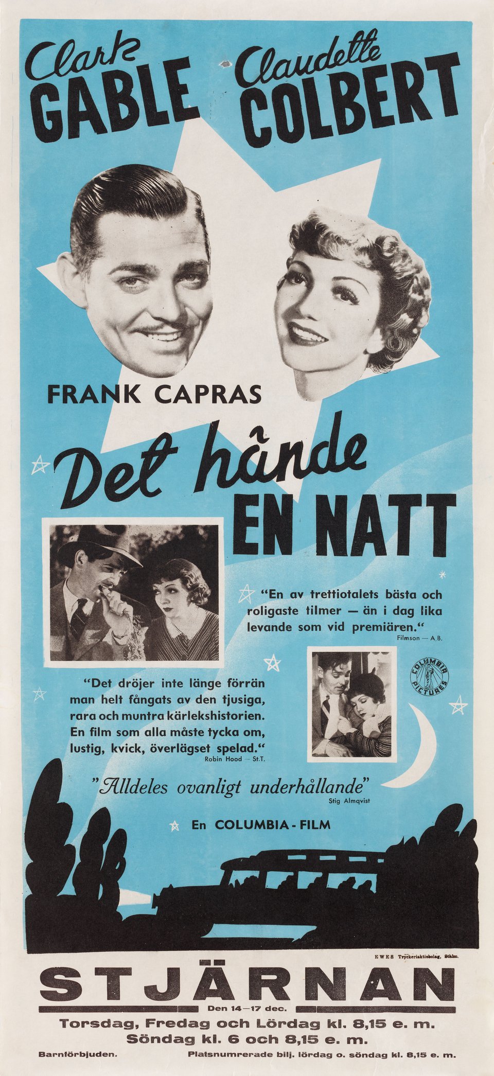 It Happened One Night Original 1934 Swedish Stolpe Movie Poster