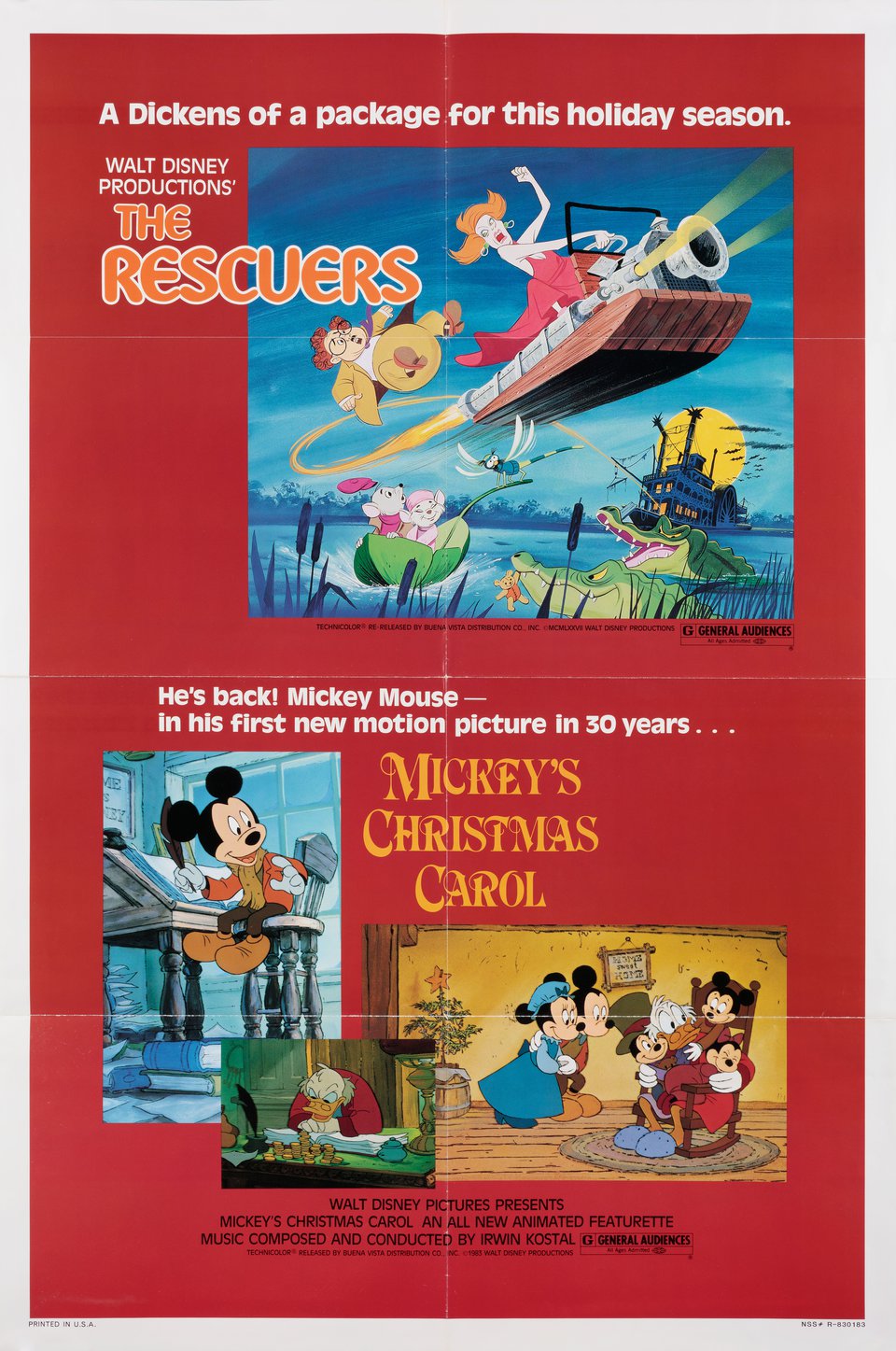Mickey's Christmas Carol / The Rescuers Original 1983 U.S. One Sheet Movie Poster