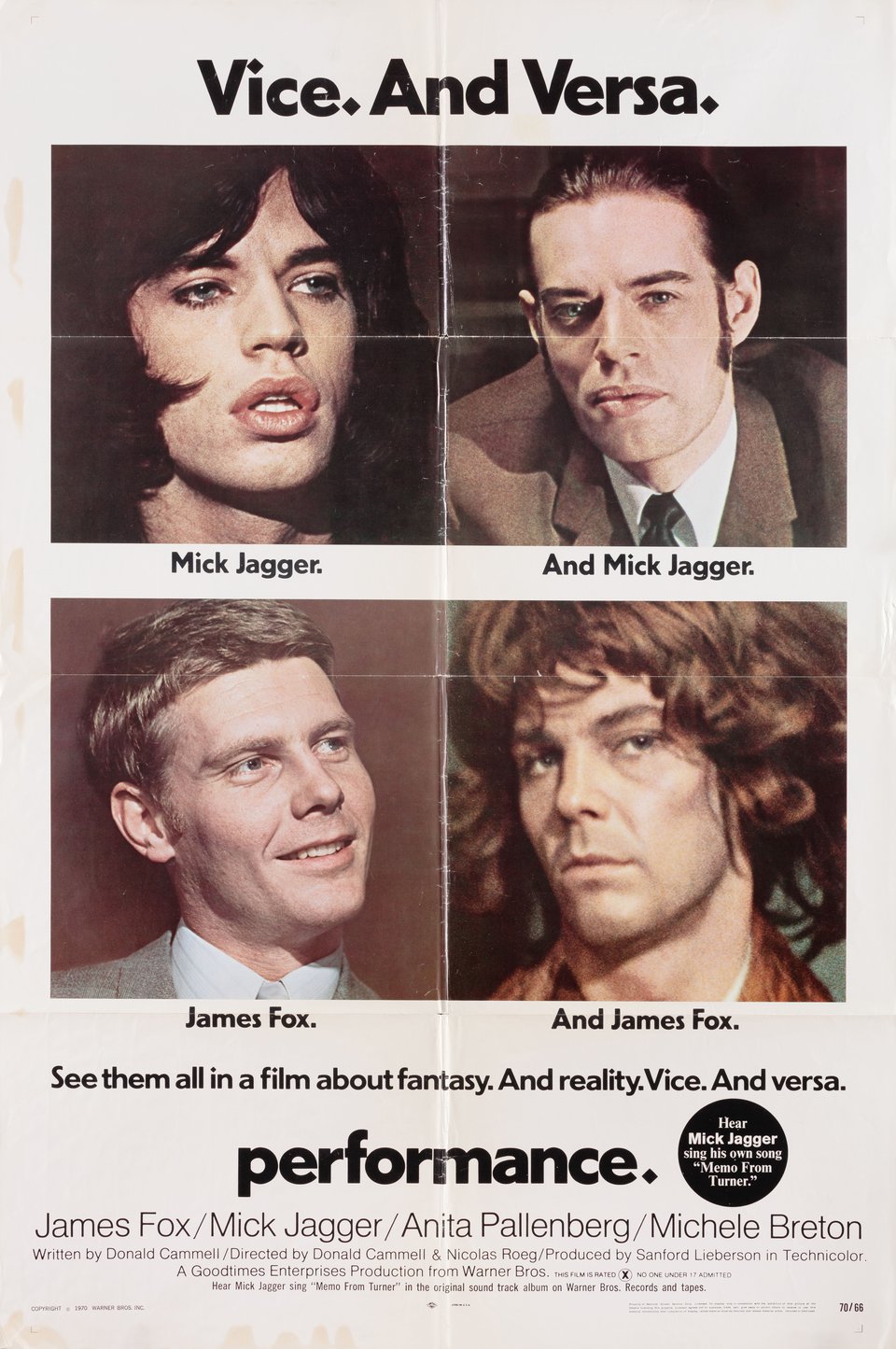 Performance Original 1970 U.S. One Sheet Movie Poster
