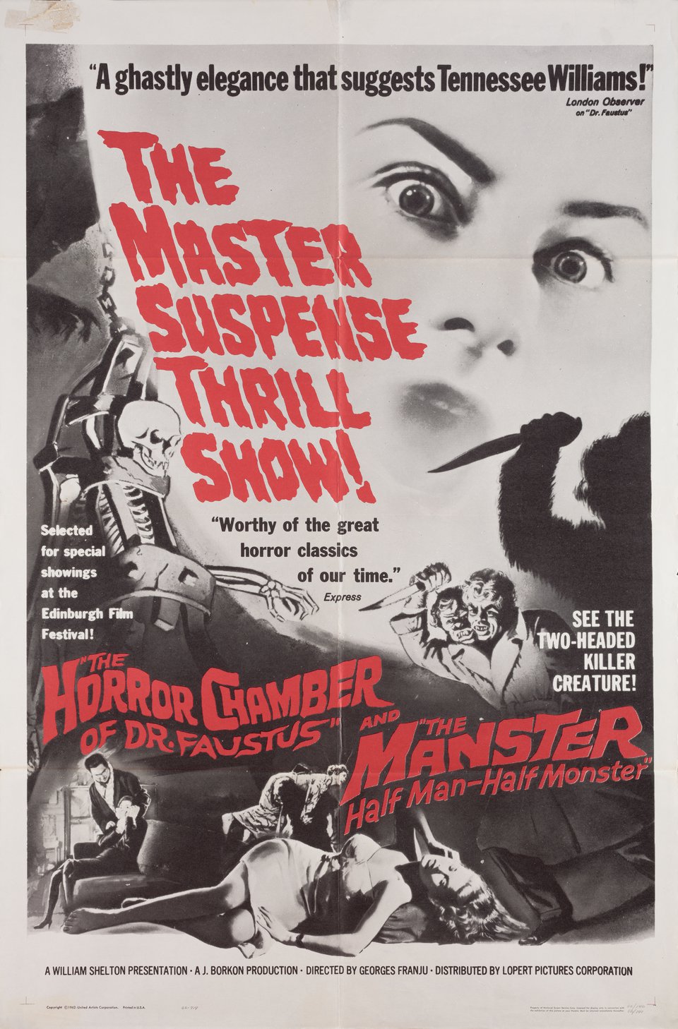 Eyes Without a Face / Manster Original 1962 U.S. One Sheet Movie Poster