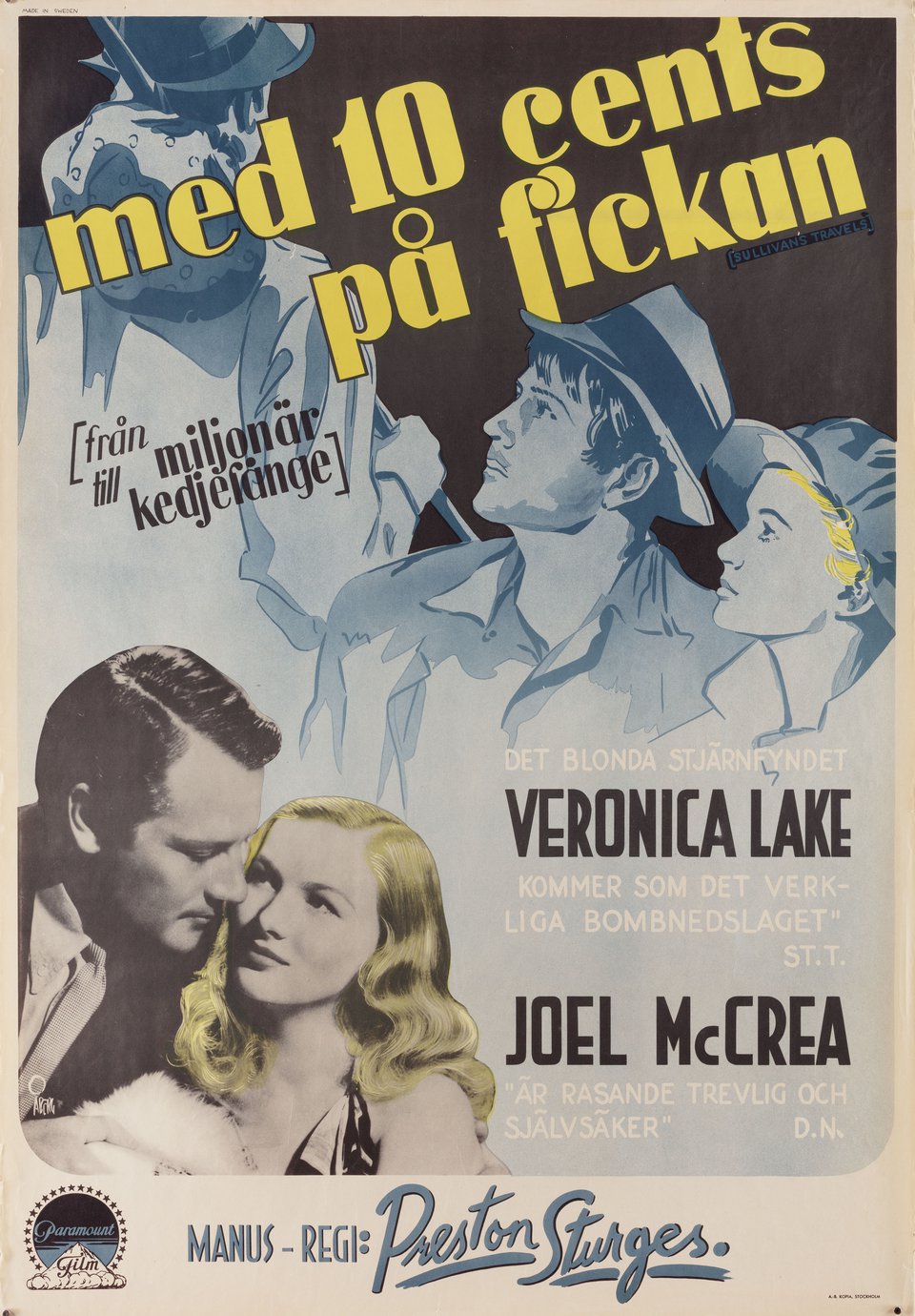 Sullivan's Travels Original 1941 Swedish B1 Movie Poster